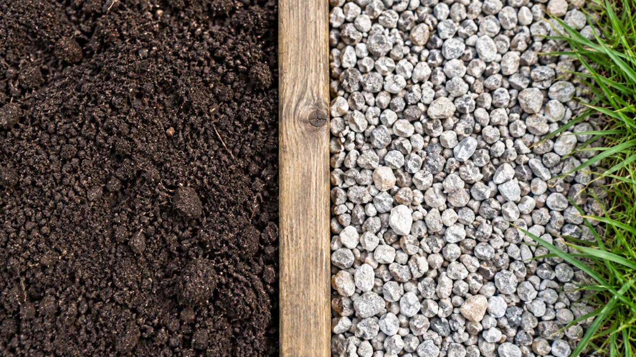Illustrative soil and gravel garden border with a timber divider